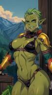 1woman abs angry armor belt bikini bikini_armor blonde_hair breasts clenched_teeth colored_skin dark_orc green_skin long_hair long_pointy_ears muscular muscular_female navel orc pointy_ears shoulder_armor solo swimsuit tattoo teeth thick_thighs thighs // 328x592 // 74.3KB