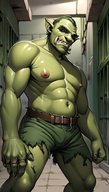 1man abs bara bulge chest_hair colored_skin facial_hair feet_out_of_frame furry furry_male green_skin large_pectorals male_focus monster_man muscular muscular_male navel navel_hair nipples orc pectorals pointy_ears red_eyes short_hair solo stomach thick_thighs thighs topless_male torn_clothes torn_pants // 800x1408 // 1.2MB
