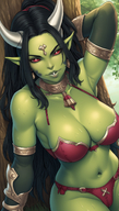 1woman arm_behind_head arm_up armlet armpits bare_shoulders black_hair blue_skin bow bra breasts cleavage collarbone colored_skin elbow_gloves green_skin grey_skin horns jewelry large_breasts lips long_hair looking_at_viewer navel oni oni_horns orc parted_lips pointy_ears ponytail red_eyes red_panties sitting skin-covered_horns smile solo sweat thighs underwear // 800x1408 // 1.3MB