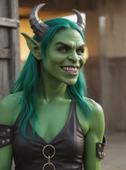 1woman blurry blurry_background blurry_foreground breasts cleavage colored_skin depth_of_field fangs green_hair green_skin grin horns long_hair looking_at_viewer pointy_ears realistic smile solo teeth upper_body // 968x1296 // 1.4MB