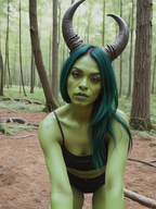 1woman breasts cleavage forest green_hair horns lips long_hair looking_at_viewer nature nose realistic solo tree // 928x1240 // 1.5MB