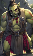 1man 1woman abs belt colored_skin green_skin jewelry male_focus manly muscular muscular_female orc pectorals pointy_ears solo tattoo tusks weapon // 840x1408 // 1.4MB