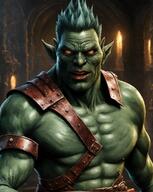 1man abs belt colored_skin fangs glowing green_skin looking_at_viewer male_focus manly muscular orc pectorals pointy_ears realistic red_eyes solo upper_body veins // 912x1144 // 285.4KB