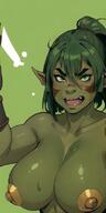 ! !! 1woman areolae breasts colored_skin dark_nipples dark_orc fangs goblin green_background green_eyes green_hair green_lips green_skin green_theme lips long_pointy_ears nipples nose nude open_mouth orc pointy_ears ponytail solo teeth // 400x800 // 77.0KB