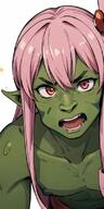1woman collarbone colored_skin green_skin long_hair looking_at_viewer nipples open_mouth pink_hair pointy_ears red_eyes simple_background solo v-shaped_eyebrows // 400x800 // 105.2KB