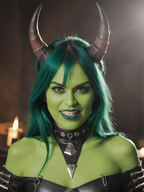 1woman bare_shoulders fangs green_eyes green_hair horns lips long_hair looking_at_viewer makeup nose realistic solo teeth // 928x1240 // 1.3MB