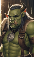 1man abs beard chest_hair colored_skin earrings facial_hair fur_collar fur_trim horns jewelry male_focus muscular nose_piercing orc pectorals piercing pointy_ears red_eyes solo upper_body veins white_hair // 840x1408 // 1.4MB
