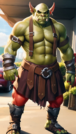 1man abs bara belt boots chest_hair colored_skin fingerless_gloves full_body green_skin horns male_focus manly monster_man muscular muscular_male orc pectorals pointy_ears solo thighs // 800x1408 // 1.3MB