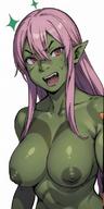 1woman breasts collarbone colored_skin fangs green_skin hair_between_eyes long_hair looking_at_viewer navel nipples nude open_mouth pointy_ears simple_background solo sparkle sparkle_background white_background // 400x800 // 90.7KB