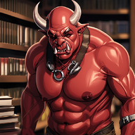 1man abs bara biceps blurry blurry_background blurry_foreground book book_stack bookshorc chest_hair depth_of_field holding_book horns large_pectorals library looking_at_viewer male_focus muscular muscular_male navel nipples pectorals red_pants solo upper_body veins // 1072x1072 // 1.2MB