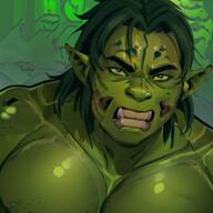 1man bara beard colored_skin facial_hair facial_mark fangs forehead_mark green_skin green_theme licking_lips looking_at_viewer male_focus mature_male muscular muscular_male orc pectorals pointy_ears solo thick_eyebrows upper_body // 528x528 // 84.5KB