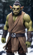 1man belt blurry blurry_background colored_skin earrings jewelry male_focus orc pointy_ears snow snowing solo standing // 840x1408 // 1.3MB