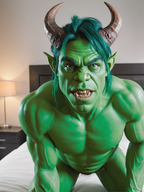 1man blurry colored_skin fangs green_eyes green_skin horns looking_at_viewer male_focus muscular nose pointy_ears realistic solo // 928x1240 // 1.4MB