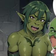 1woman breast_tattoo breasts colored_skin facial_mark facial_tattoo goblin green_hair green_skin large_breasts mohawk open_mouth orc pointy_ears rolling_eyes tattoo tongue tongue_out // 528x528 // 78.7KB