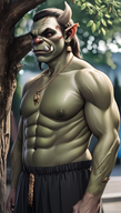 1man abs bara bead_necklace blurry blurry_background cow_horns earrings facial_hair horns jewelry large_pectorals male_focus mask muscular muscular_male navel necklace nipples pectorals pointy_ears short_hair solo stomach tattoo topless_male // 800x1408 // 1.3MB