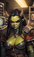 1woman armor belt black_hair bookshorc breasts cleavage colored_skin ear_piercing earrings horns jewelry large_breasts long_hair looking_at_viewer mole mole_on_breast nose pauldrons piercing pointy_ears red_eyes shoulder_armor solo sweat // 840x1408 // 1.3MB
