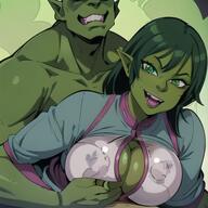 1man 1woman breasts cleavage cleavage_cutout clothed_female_nude_male clothing_cutout colored_skin covered_nipples fangs goblin green_eyes green_hair green_skin green_theme hetero large_breasts long_hair looking_at_viewer open_mouth orc paizuri penis pointy_ears uncensored // 528x528 // 97.2KB