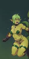 1woman bangs bikini_armor black_gloves boots breasts colored_skin fangs female_pubic_hair gloves green_eyes green_hair green_skin jewelry large_breasts long_hair long_pointy_ears navel night nipples open_mouth orc pointy_ears pubic_hair sweat teeth thick_thighs thigh_strap thighs // 400x800 // 72.5KB