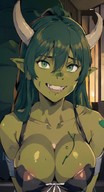 1woman areola_slip areolae breasts cleavage collarbone colored_skin covered_nipples fangs green_eyes green_hair grin hair_between_eyes horns large_breasts long_hair looking_at_viewer pointy_ears smile solo swimsuit teeth // 496x920 // 503.1KB