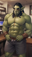 1man abs bara black_hair bulge chest_hair colored_skin earrings erection facial_hair green_skin jewelry large_pectorals male_focus medium_hair monster_man muscular muscular_male navel navel_hair necklace nipples orc pectorals pointy_ears red_eyes sideburns smile solo stomach thighs topless_male veins // 800x1408 // 1.0MB
