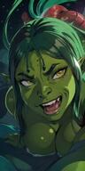 1woman breasts cleavage colored_skin green_hair green_skin large_breasts long_hair looking_at_viewer open_mouth pointy_ears solo // 400x800 // 103.5KB