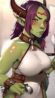 1woman apron bare_shoulders blush breasts colored_skin earrings green_skin hoop_earrings horns jewelry large_breasts long_hair looking_at_viewer nose_blush purple_hair solo upper_body yellow_eyes // 800x1408 // 1.2MB