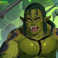 1woman breasts colored_skin fangs goblin green_skin green_theme large_breasts long_hair looking_at_viewer open_mouth orc pointy_ears solo teeth uniform // 528x528 // 98.6KB
