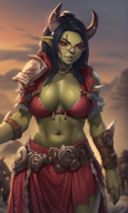 1woman armor belt black-framed_eyewear black_hair blurry blurry_background breasts choker cleavage colored_skin glasses horns large_breasts lips long_hair looking_at_viewer navel outdoors pauldrons pointy_ears red_eyes red_skirt rimless_eyewear semi-rimless_eyewear shoulder_armor solo sunset // 840x1408 // 1.2MB