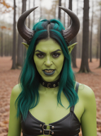1woman blurry blurry_background blurry_foreground breasts choker collar collarbone depth_of_field fangs green_hair horns lips long_hair looking_at_viewer motion_blur multicolored_hair photo_(medium) pointy_ears realistic sharp_teeth solo teeth upper_body // 968x1296 // 1.4MB