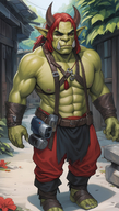 1man abs bara belt biceps colored_skin flower full_body hibiscus horns large_pectorals male_focus muscular muscular_female muscular_male necklace nipples orc pectorals pointy_ears red_eyes red_flower red_hair sandals solo teeth topless_male // 800x1408 // 1.5MB