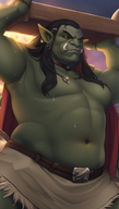 1man abs armpits bara beard belly belt blue_skin chest_hair colored_skin earrings facial_hair green_skin jewelry large_pectorals long_hair looking_at_viewer male_focus muscular muscular_male navel necklace nipples orc pectorals piercing plump pointy_ears red_eyes solo stomach // 800x1408 // 1.0MB