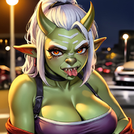 1woman bangs bar bare_shoulders blurry blurry_background blurry_foreground bokeh breasts city city_lights cleavage collarbone colored_skin depth_of_field full_moon green_skin horns large_breasts looking_at_viewer moon night open_mouth outdoors pointy_ears red_eyes solo tongue tongue_out white_hair // 1072x1072 // 1.2MB