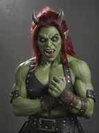 1woman breasts collarbone colored_skin fangs green_skin horns male_focus muscular muscular_female nose open_mouth pointy_ears red_hair sharp_teeth solo teeth upper_body // 968x1296 // 1.3MB