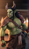 1man abs blurry blurry_background colored_skin earrings fingerless_gloves gloves green_skin horns jewelry long_hair male_focus muscular navel orc pointy_ears solo teeth // 840x1408 // 1.3MB