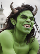 1man 1woman black_hair blurry blurry_background blurry_foreground colored_skin depth_of_field fangs green_skin horns long_hair looking_at_viewer male_focus oni open_mouth pointy_ears realistic smile solo teeth upper_body // 968x1296 // 1.5MB