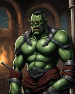 1man abs bara colored_skin fangs green_skin large_pectorals male_focus manly muscular muscular_male orc pectorals pointy_ears red_eyes solo veins // 912x1144 // 297.7KB