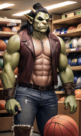 1man 1woman abs ball bara biceps black_hair chain_necklace chest_hair colored_skin cross_necklace denim furry horns jacket jewelry large_pectorals male_focus muscular muscular_female muscular_male navel necklace nipples open_clothes pants pectorals pointy_ears torn_pants // 840x1408 // 1.4MB