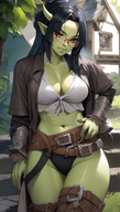 1woman belt black_hair breasts cleavage colored_skin front-tie_top glasses horns large_breasts leaf long_hair loose_belt monster_woman navel plant pointy_ears potted_plant semi-rimless_eyewear shirt solo tied_shirt under-rim_eyewear // 800x1408 // 1.3MB