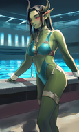 1woman beach black_hair breasts choker horizon horns long_hair looking_at_viewer ocean one-piece_swimsuit pointy_ears pool poolside shore solo swimsuit thigh_strap water // 840x1408 // 1.2MB