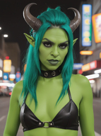 1woman 3d blurry blurry_background blurry_foreground bra breasts collar colored_skin depth_of_field green_hair green_skin horns lips long_hair looking_at_viewer nose photo_(medium) pointy_ears realistic solo // 968x1296 // 1.4MB