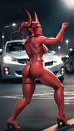 1woman ass bikini breasts car colored_skin from_behind full_body ground_vehicle high_heels horns long_hair looking_at_viewer looking_back motor_vehicle oni_horns ponytail red_hair red_skin solo standing sun swimsuit thighs // 800x1408 // 1.2MB