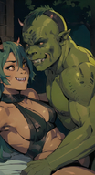1man 1woman abs breasts cleavage colored_skin covered_nipples fangs green_hair green_skin hairband horns long_hair medium_breasts muscular muscular_female nose_piercing orc pointy_ears sharp_teeth smile teeth toned yellow_eyes // 496x920 // 509.5KB