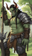 1man abs armor axe black_hair colored_skin earrings forest gloves horns jewelry long_hair male_focus muscular nature orc pectorals piercing pointy_ears polearm red_eyes solo spear tree weapon // 800x1408 // 1.4MB