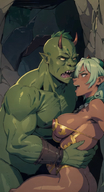 1man 2womans abs breasts cave colored_skin fangs green_hair green_skin jewelry large_breasts multiple_womans muscular muscular_female open_mouth orc pointy_ears red_skin short_hair // 496x920 // 512.0KB