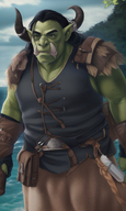 1man beard belt colored_skin cow_ears cow_horns facial_hair horns jewelry male_focus ocean orc pointy_ears solo water // 840x1408 // 1.3MB