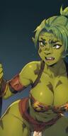 1woman breasts cleavage colored_skin facial_mark fangs green_eyes green_skin large_breasts lips muscular_female navel nose orc ponytail scar solo tattoo thighs // 400x800 // 90.1KB