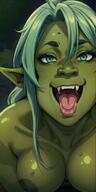 1woman :p breasts colored_skin fangs green_eyes green_hair green_skin green_theme large_breasts long_hair looking_at_viewer nipples pointy_ears solo tongue tongue_out // 400x800 // 97.5KB