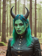 1woman aqua_hair bare_tree blurry blurry_background blurry_foreground branch depth_of_field earrings forest green_eyes green_hair horns jewelry lipstick long_hair makeup motion_blur multicolored_hair nature photo_(medium) piercing realistic solo tree upper_body // 928x1240 // 1.3MB