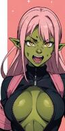 1woman breasts breasts_apart colored_skin dark_orc fangs green_skin jacket long_hair looking_at_viewer open_clothes open_mouth orc pink_background pink_hair pointy_ears simple_background solo sparkle sparkle_background sweat teeth upper_body zipper // 400x800 // 110.1KB