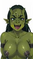 1woman :d breasts collarbone colored_skin fangs green_skin horns jewelry large_breasts long_hair looking_at_viewer nipple_piercing nipples open_mouth piercing pointy_ears smile solo teeth // 328x592 // 54.8KB